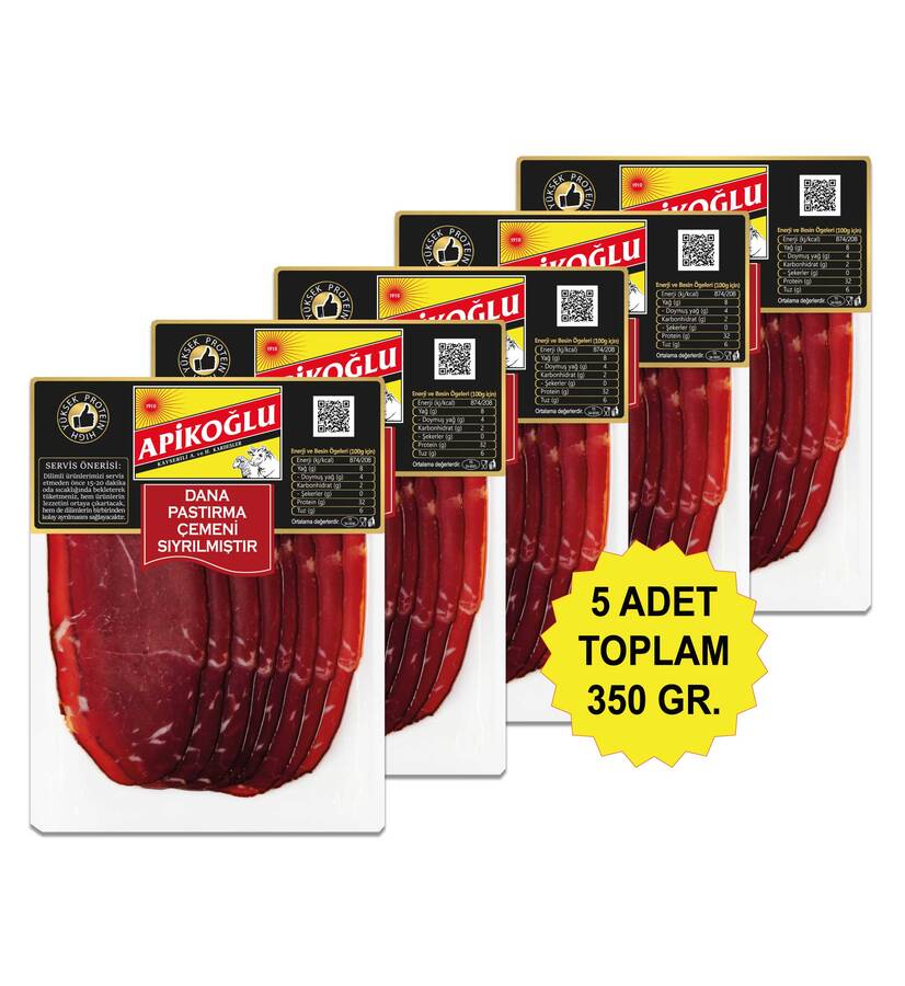 Çemeni Sıyrılmış Dilimli Dana Pastırma 70 Gr. Beşli Paket (Toplam 350 Gr.)