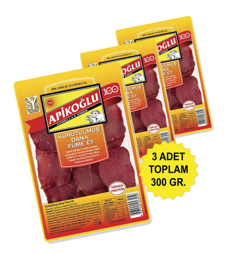 Yüksek Proteinli Kurutulmus Dana Füme Et 100 Gr. Üçlü Paket (Toplam 300 Gr.)